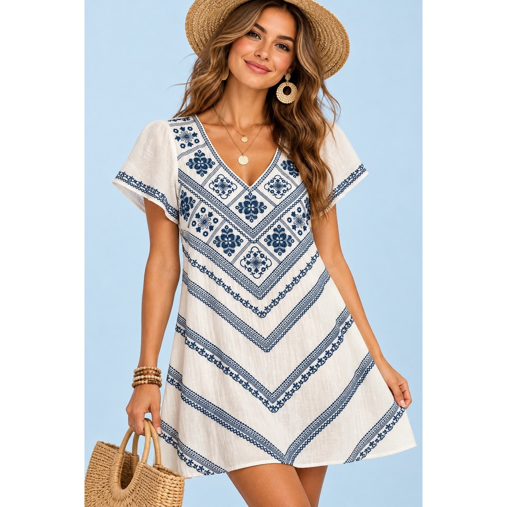 Savanna Jane White Blue Embroidered V-Neck Mini Dress S Festival Peasant Gauze